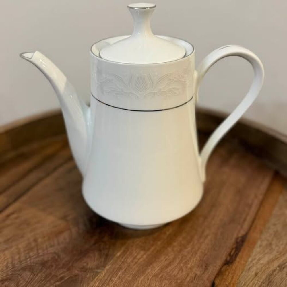 Crown Ming White Porcelain Teapot with Silver Trim